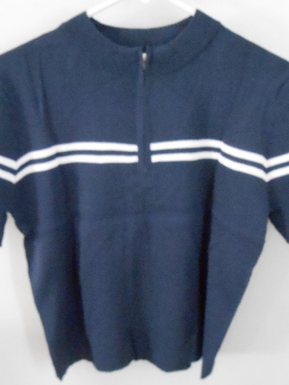 Cakulo Women's Navy Blue w/White Stripe Half Zip Short Sleeve Sweater Size-XL